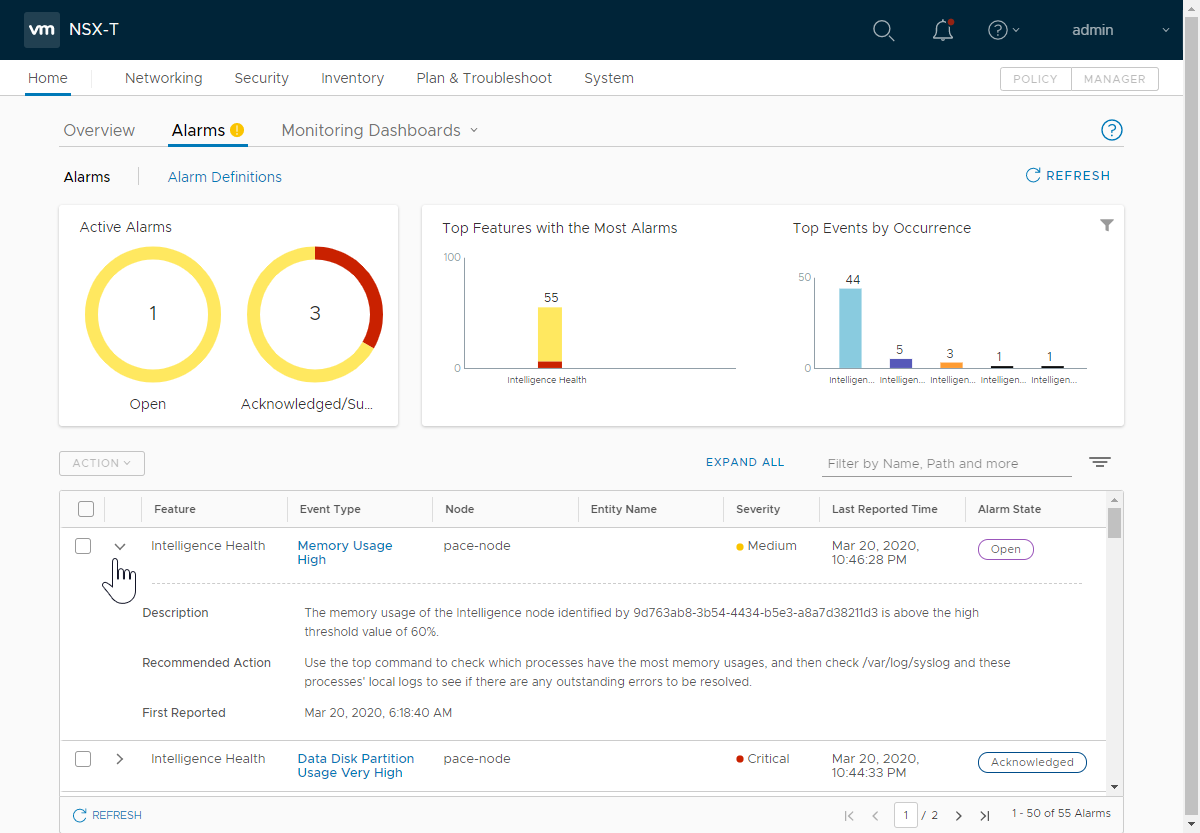 VMWare NSX Intelligence dashboard for alerting and monitoring